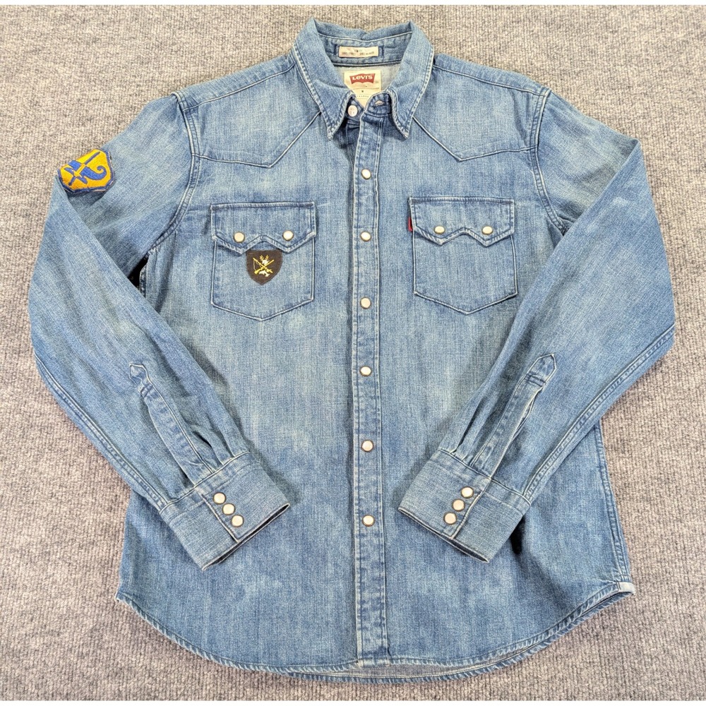 Levis Mens Slim Fit Denim Western Pearl Snap Shirt Blue Patch 65819-0042 Medium